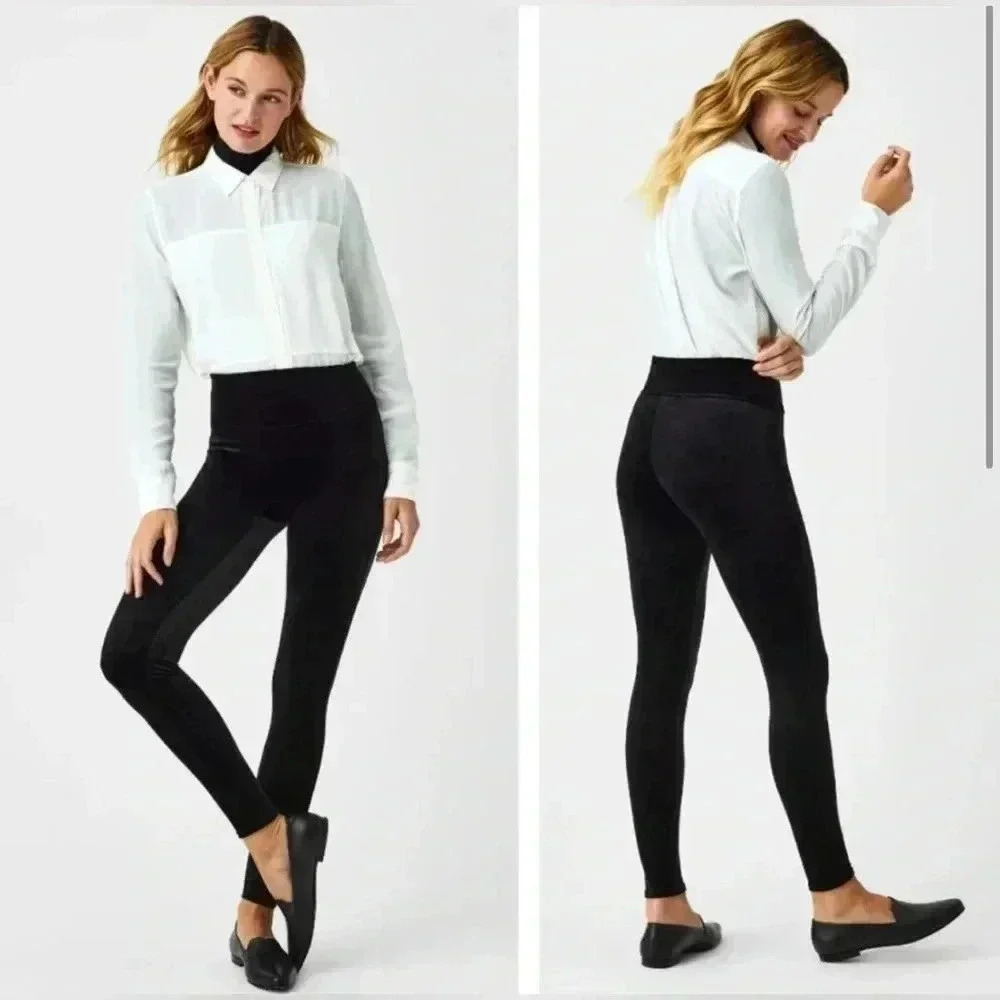SPANX Velvet Leggings Black Stretch Shapewear Bodycon High Waist Versatile